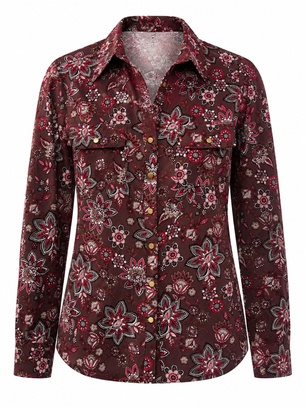 NY Collection Burgundy Floral Button-Down Shirt